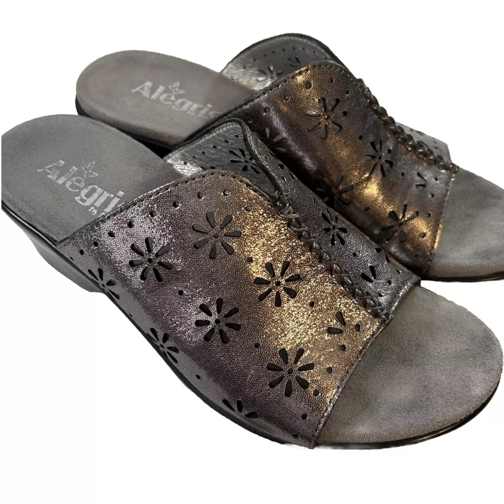 Alegria Sasha Uptown SAS-226 Pewter Leather Cut Out Slides Sandals Size 39 US 9